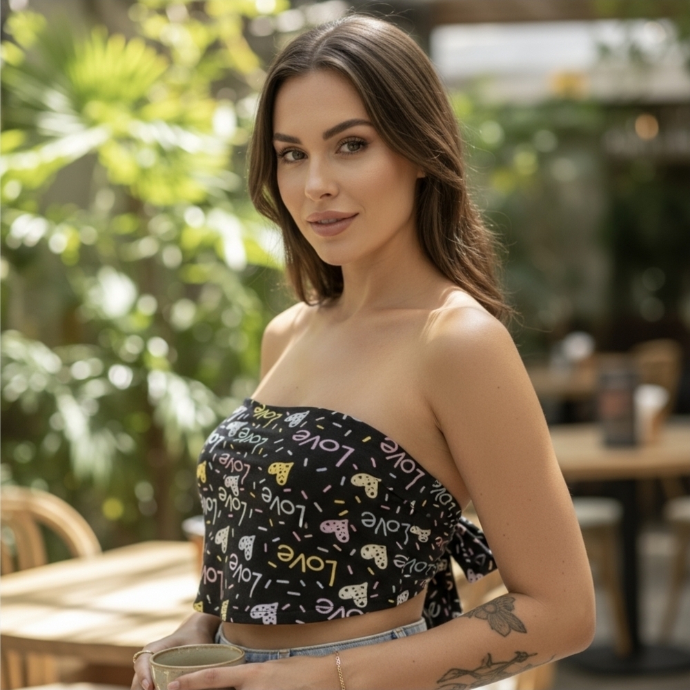 Black Strapless Tie-Back Crop Top with Colorful Love Print
